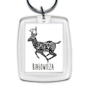 brelok akrylowy Białowieża. Jeleń z Tradycją